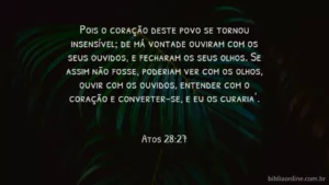 Pois o coração deste povo se tornou insensível; de má vontade ouviram com os seus ouvidos, e fecharam os seus olhos. Se assim não fosse, poderiam ver com os olhos, ouvir com os ouvidos, entender com o coração e converter-se, e eu os curaria’. Atos 28:27