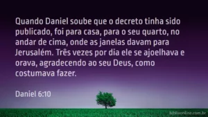 Quando Daniel soube que o decreto tinha sido publicado, foi para casa, para o seu quarto, no andar de cima, onde as janelas davam para Jerusalém. Três vezes por dia ele se ajoelhava e orava, agradecendo ao seu Deus, como costumava fazer. Daniel 6:10