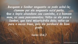 Busquem o Senhor enquanto se pode achá-lo; clamem por ele enquanto está perto. Que o ímpio abandone seu caminho, e o homem mau, os seus pensamentos. Volte-se ele para o Senhor, que terá misericórdia dele; volte-se para o nosso Deus, pois ele perdoará de bom grado. Isaías 55:6,7