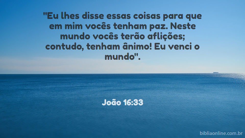 "Eu lhes disse essas coisas para que em mim vocês tenham paz. Neste mundo vocês terão aflições; contudo, tenham ânimo! Eu venci o mundo". João 16:33