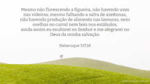 Mesmo não florescendo a figueira, não havendo uvas nas videiras; mesmo falhando a safra de azeitonas, não havendo produção de alimento nas lavouras, nem ovelhas no curral nem bois nos estábulos, ainda assim eu exultarei no Senhor e me alegrarei no Deus da minha salvação. Habacuque 3:17,18