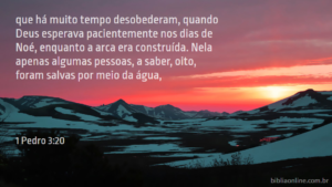 Os quais noutro tempo foram rebeldes, quando a longanimidade de Deus esperava nos dias de Noé, enquanto se preparava a arca; na qual poucas (isto é, oito) almas se salvaram pela água; 1 Pedro 3:20